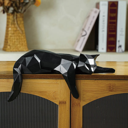 Geometric Lying Cat Sculpture - Modern Polygonal Resin Figurine for Desk & Shelf Decor