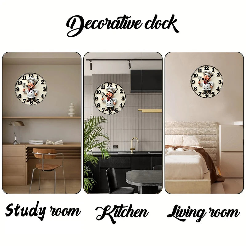 Happy Chef Kitchen Wall Clock - Silent Round Wooden Hanging Clock for Home & Dining Decor
