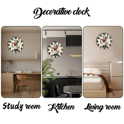 Happy Chef Kitchen Wall Clock - Silent Round Wooden Hanging Clock for Home & Dining Decor