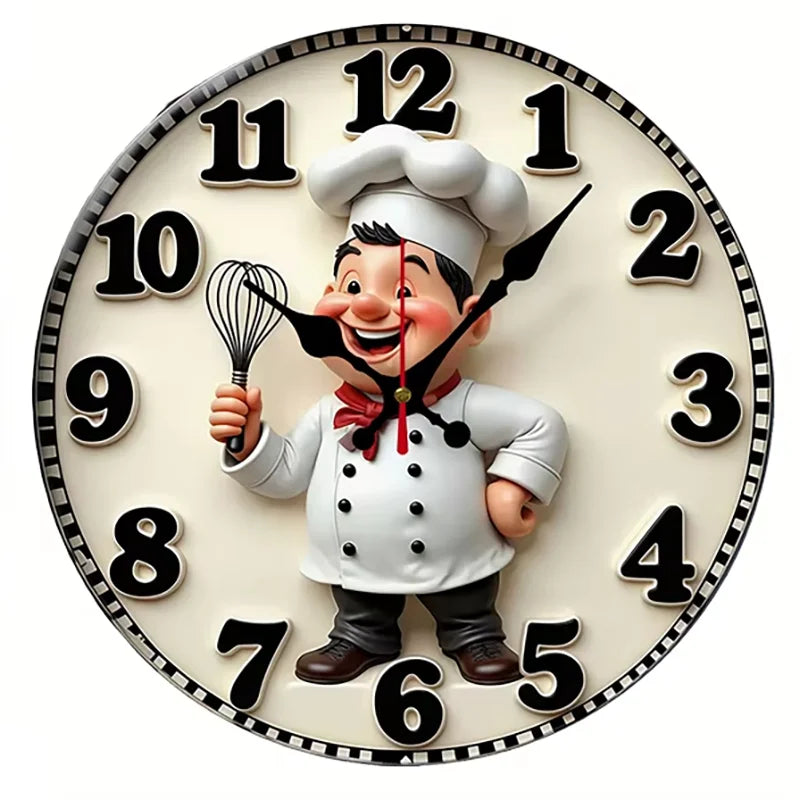 Happy Chef Kitchen Wall Clock - Silent Round Wooden Hanging Clock for Home & Dining Decor