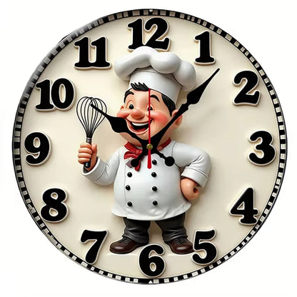 Happy Chef Kitchen Wall Clock - Silent Round Wooden Hanging Clock for Home & Dining Decor