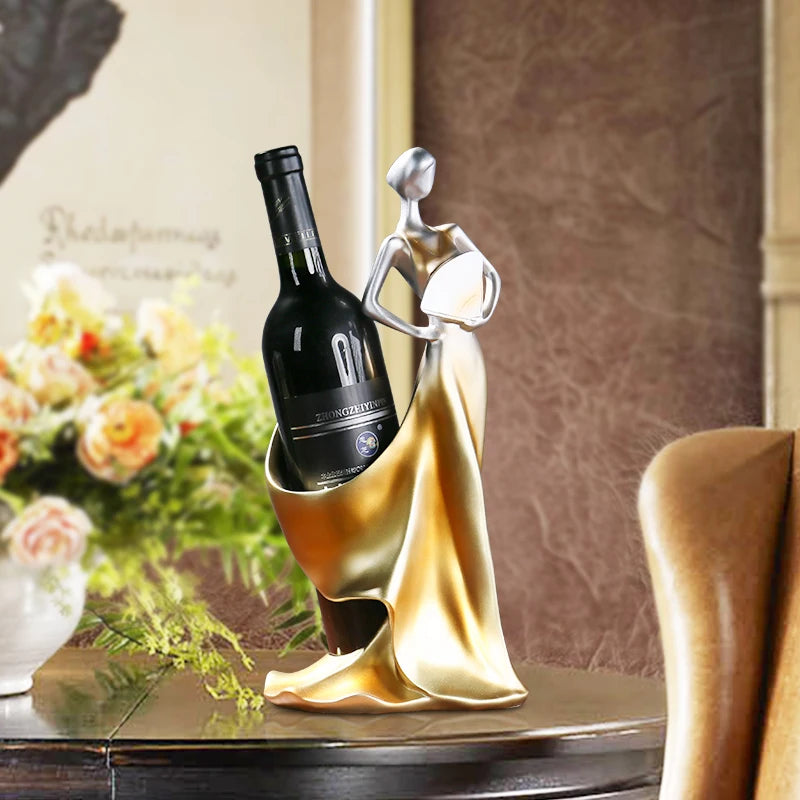 Lady in Gold Wine Holder - Elegant European Resin Sculpture