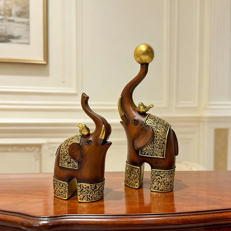 Golden Trunk Elephant Sculpture - Wood Grain Resin Decor