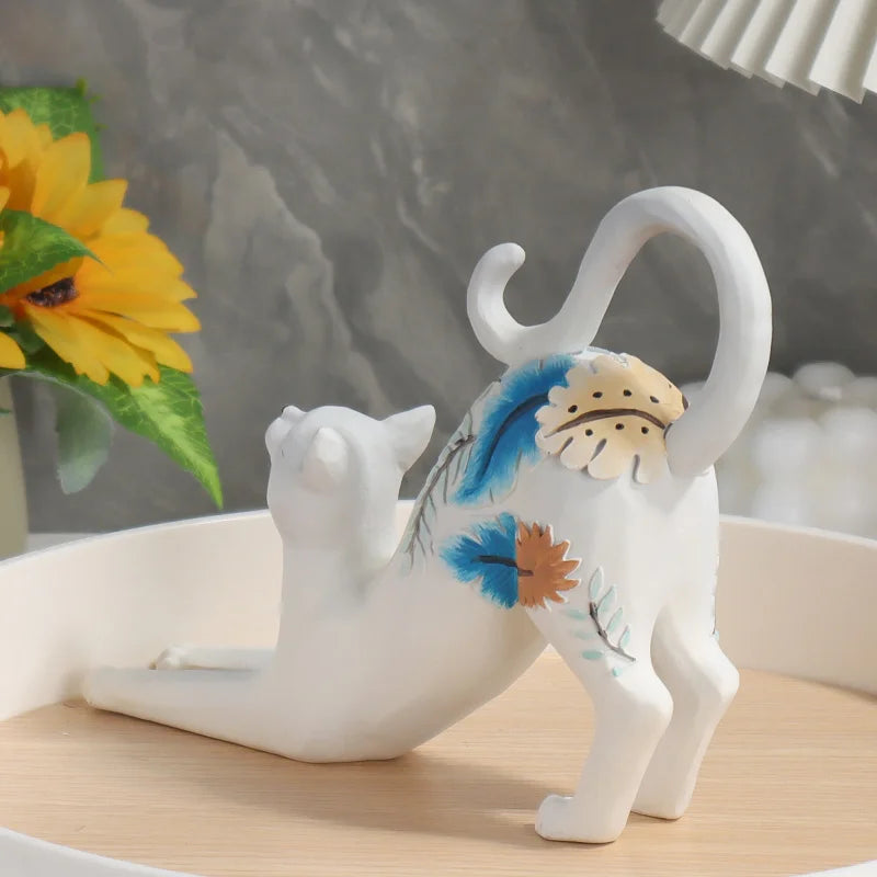 White Stretching Cat Painted Resin Ornament - Elegant Botanical Pattern Cat Figurine for Bookshelf, Desk & Aesthetic Home Decor