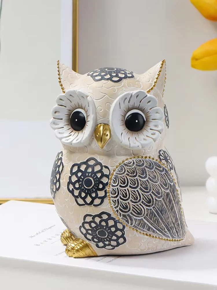 Whimsical Resin Owl Figurine - 15cm Intricate Floral Pattern Home & Shelf Decor