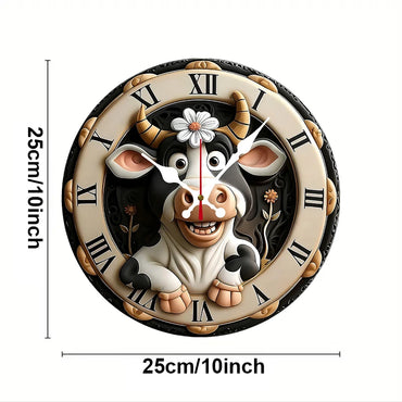 Cow Pattern Wooden Round Silent Hanging Wall Clock - 3D-Style Artistic Clock for Kitchen & Home Decor