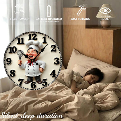 Happy Chef Kitchen Wall Clock - Silent Round Wooden Hanging Clock for Home & Dining Decor