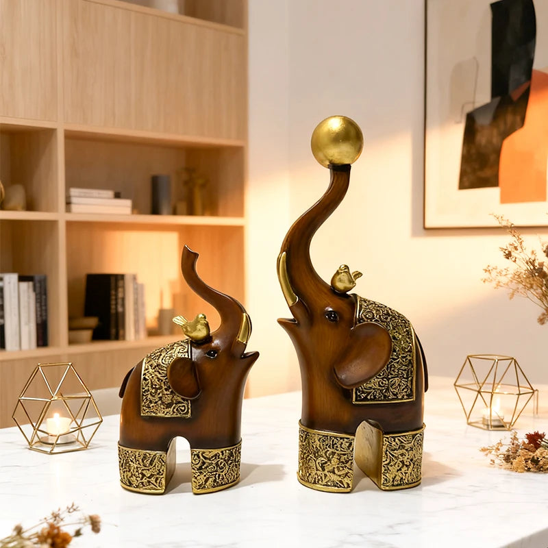 Golden Trunk Elephant Sculpture - Wood Grain Resin Decor