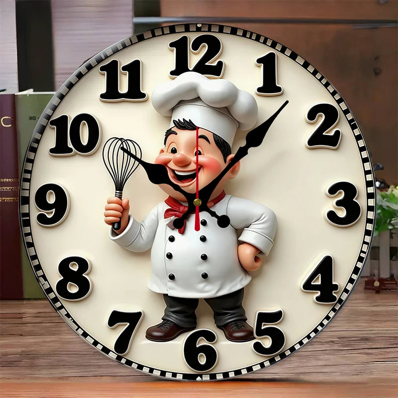 Happy Chef Kitchen Wall Clock - Silent Round Wooden Hanging Clock for Home & Dining Decor