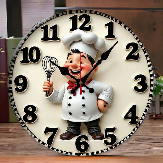 Happy Chef Kitchen Wall Clock - Silent Round Wooden Hanging Clock for Home & Dining Decor