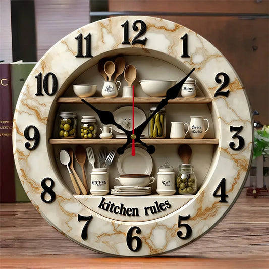 Kitchen Rules Wooden Wall Clock - 2D Flat Shelf Design Silent Hanging Clock for Dining Decor