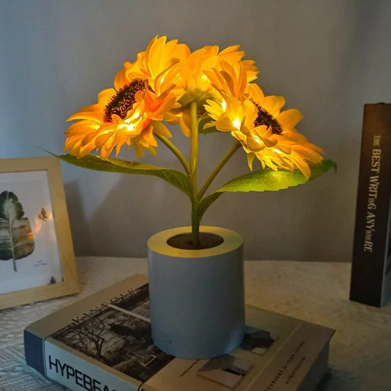 Sunflower LED Night Light - Artificial Silk Floral Pot Lamp with USB Charging