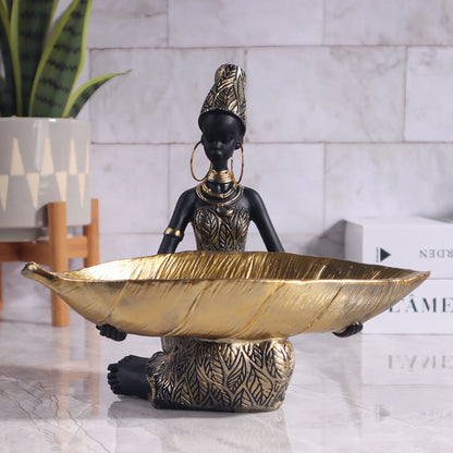 Vintage African Lady Sculpture with Storage Tray - Exotic Resin Figurine & Jewellery Organiser