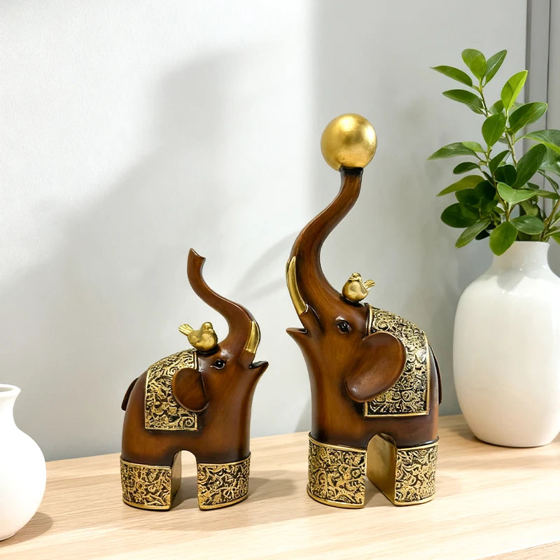 Golden Trunk Elephant Sculpture - Wood Grain Resin Decor