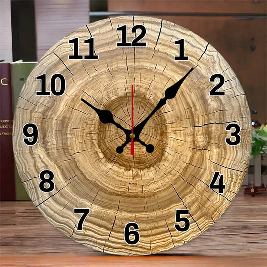 Tree Cross Section Wooden Wall Clock - Round Silent Retro Wood Pattern Clock for Living Room & Bedroom