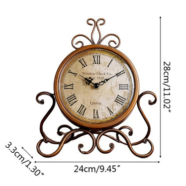 Vintage Retro Iron Table Clock - Silent Battery Operated Desk Ornament with Roman Numerals