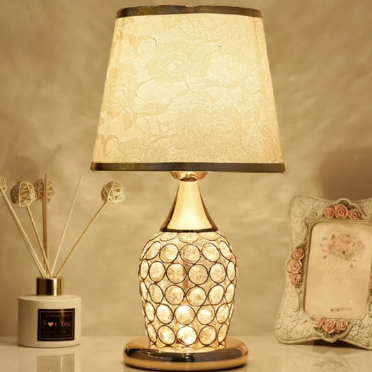 European-Style Crystal Table Lamp - Luxurious Decorative Bedside Light with Fabric Shade