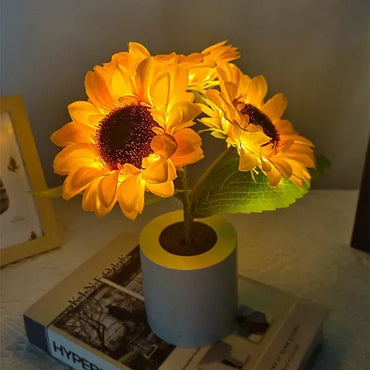 Sunflower LED Night Light - Artificial Silk Floral Pot Lamp with USB Charging