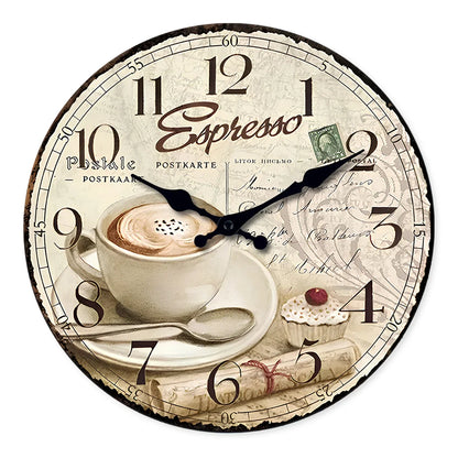 Happy Chef Kitchen Wall Clock - Silent Round Wooden Hanging Clock for Home & Dining Decor