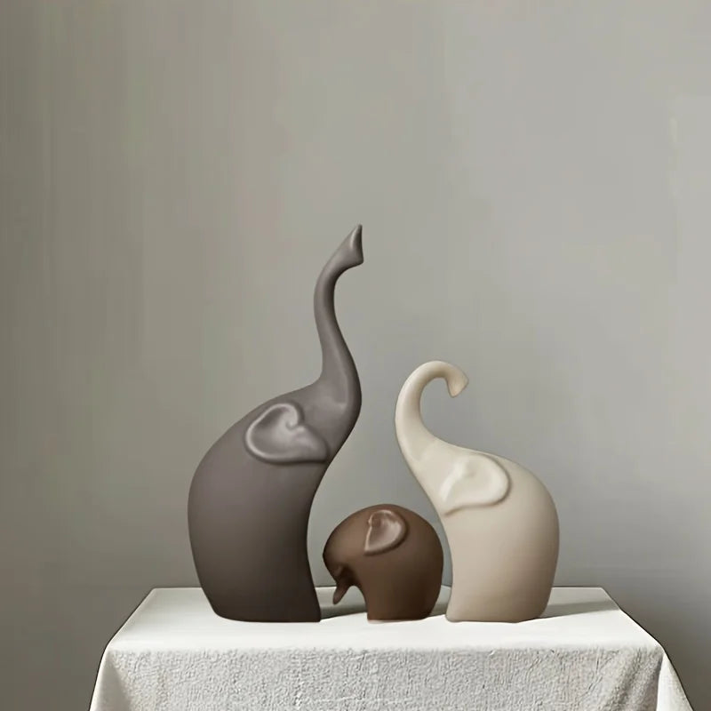 Nordic Matte Ceramic Elephant Family Figurines - Modern Animal Sculptures Set (3 or 4 Pieces) for Bookshelf Living Room Decor