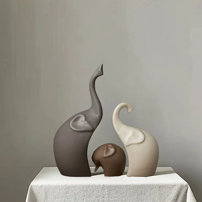 Nordic Matte Ceramic Elephant Family Figurines - Modern Animal Sculptures Set (3 or 4 Pieces) for Bookshelf Living Room Decor