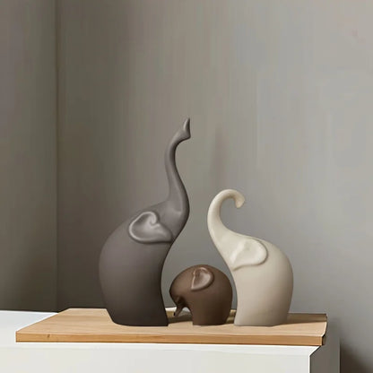 Nordic Matte Ceramic Elephant Family Figurines - Modern Animal Sculptures Set (3 or 4 Pieces) for Bookshelf Living Room Decor