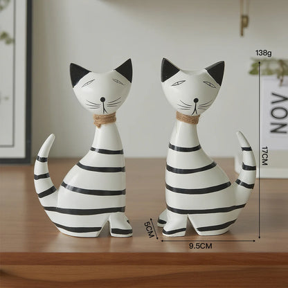 Nordic Striped Kitten Couple Ornaments - Modern Minimalist Wooden-Style Cat Statues & Creative Desktop Animal Figurines Pair