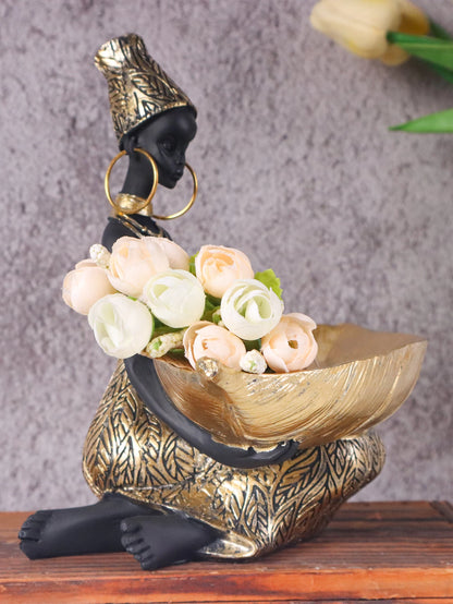Vintage African Lady Sculpture with Storage Tray - Exotic Resin Figurine & Jewellery Organiser