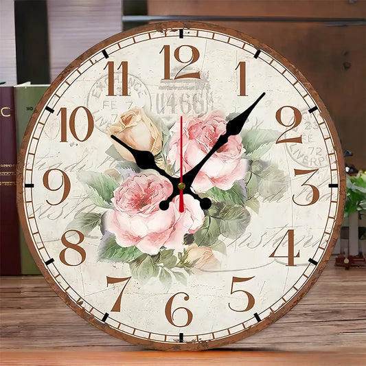 Antique Rose Wooden Wall Clock - Shabby Chic Floral Silent Clock for Living Room, Bedroom & Home Decor